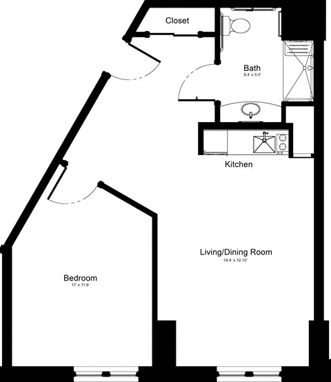 Floor plan for 1 bed, 1 bath, 616 sqft
